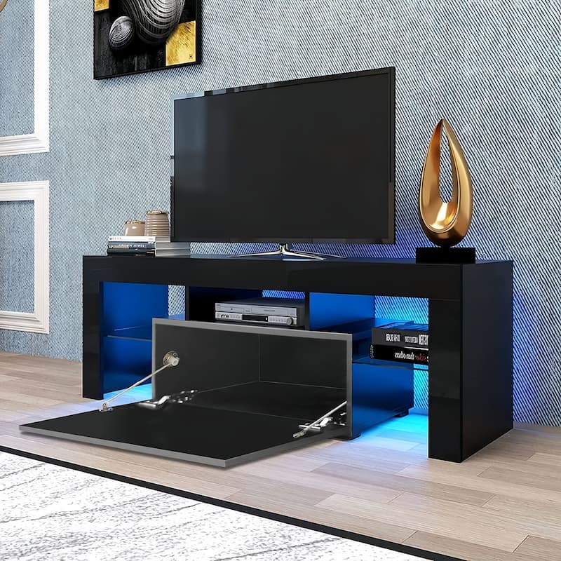 51" TV Stand with Flip Door, Glass Shelf & Glossy Finish for TVs Up to 55"