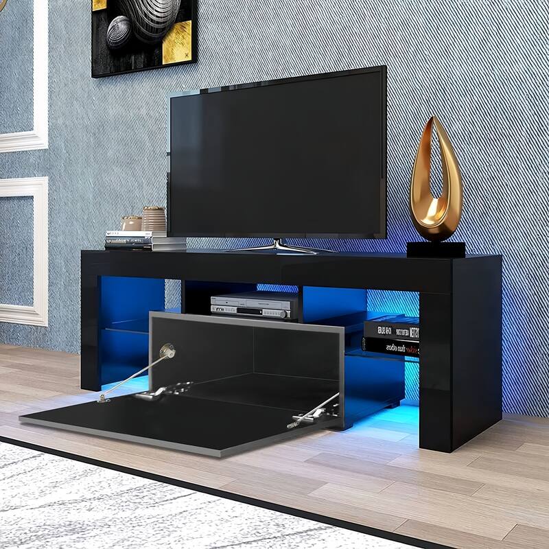 Modern LED TV Stand with Down Flip Door, Glass Shelf and High Glossy UV Front Face, for Living Room and Bedroom, Black