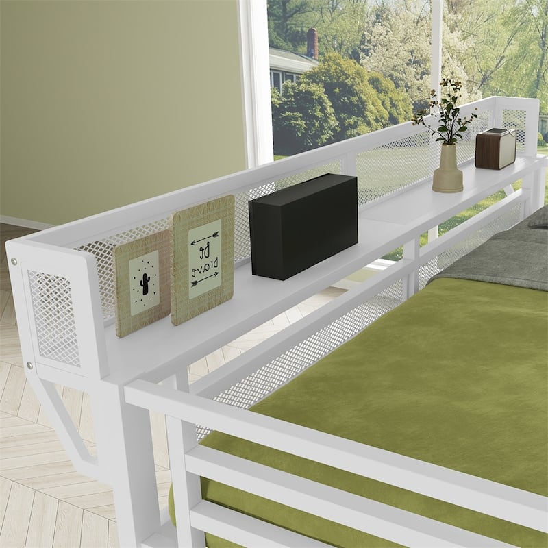 Full Size Loft Bed with Stairs,Metal Full Loft Bed w/Storage Shelves
