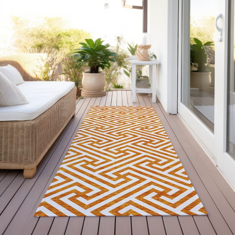 Machine Washable Indoor/ Outdoor Chantille Geo Modern Rug - Orange - 2'3" x 7'6"