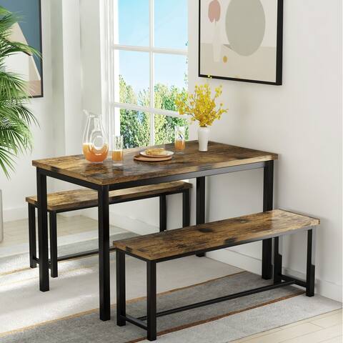 Mieres Farmhouse Rustic 3-Piece Dining Table Set, Space-Saving Dining Table with 2 Benches for Kitchen, Dining Room