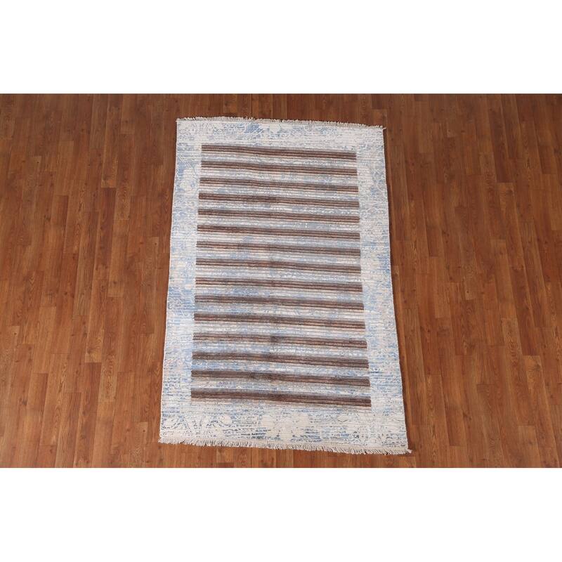 Striped Abstract Accent Rug Wool Carpet - 3'11"x 6'0"