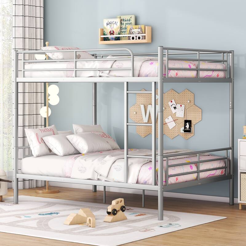 Full Over Full Metal Bunk Bed with Chrome Finish, Space-Saving Design, Sturdy Iron Frame - Silver