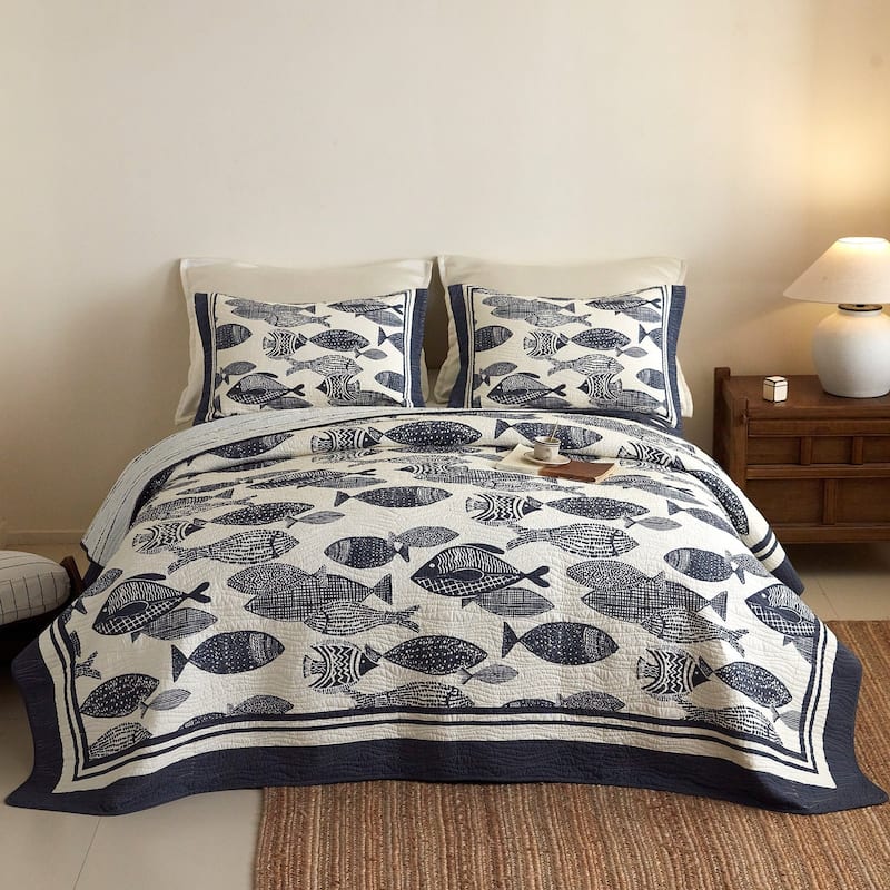 Cotton Nautical Fish Print Quilt Bedspread Set - Navy Fish - King