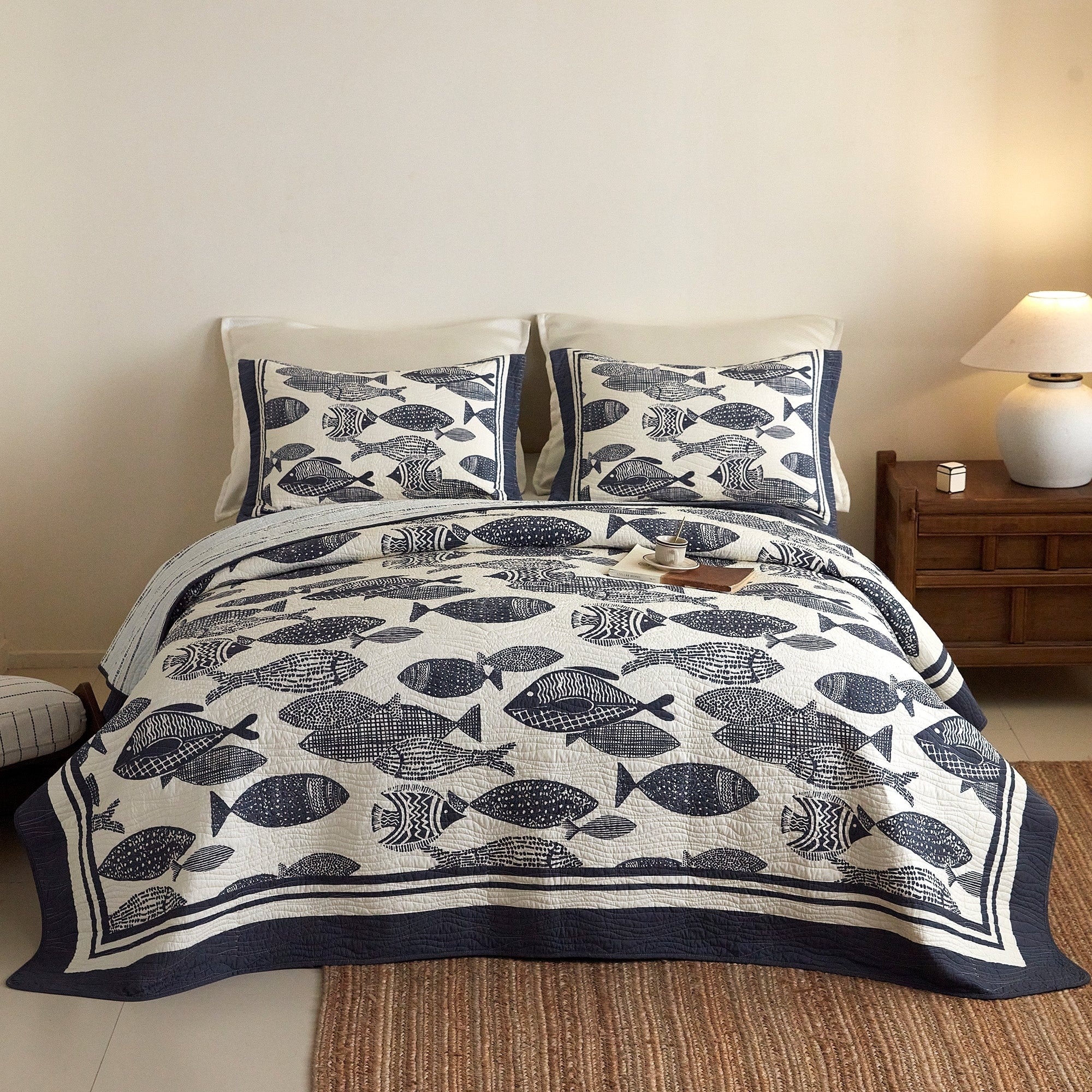 MarCielo Cotton Nautical Fish Print Quilt Bedspread Set