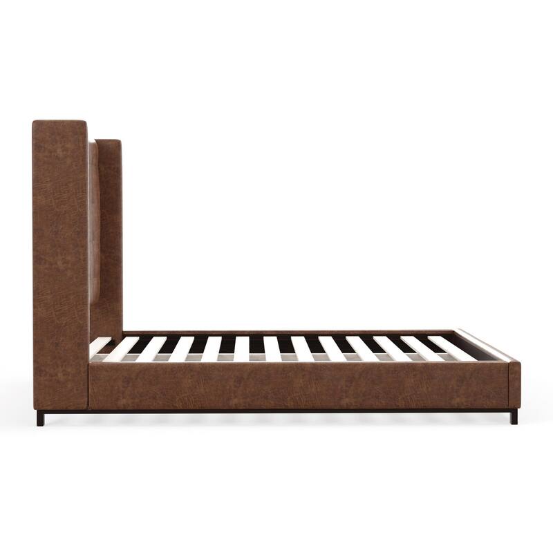 Tufted Wingback Bed - Faux Suede Platform Bed with Slats - Brown & Black