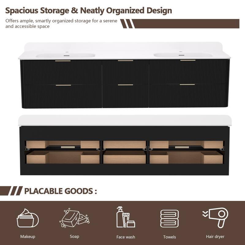 84" Floating Bathroom Vanity with Integrated countertop Rectangular Sink Solid Wood