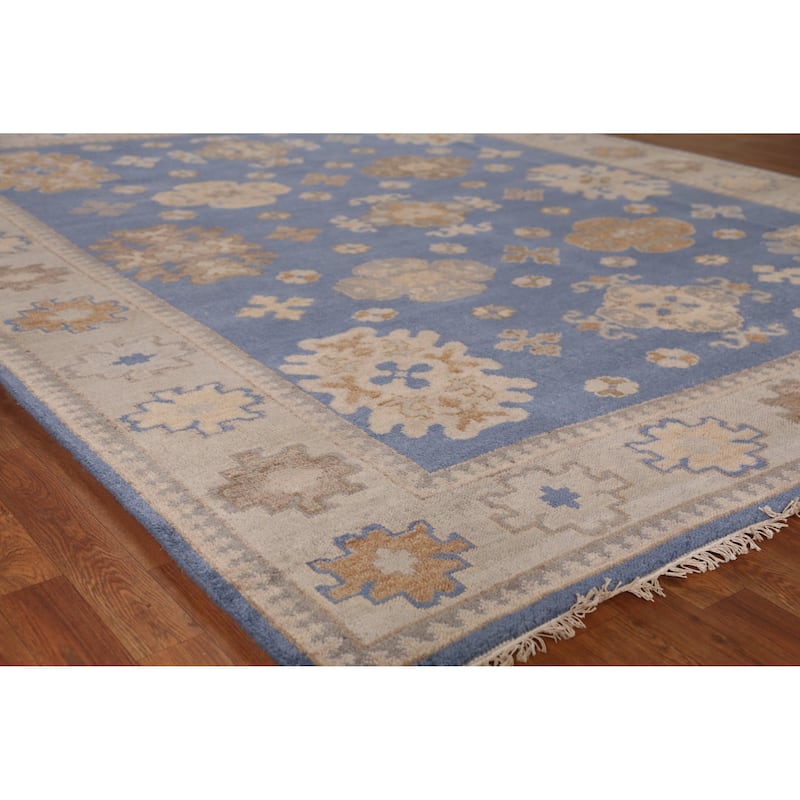Blue Geometric Oushak Area Rug Hand-Knotted Oriental Wool Carpet - 8'3" x 9'10" - Blue - 8'3" x 9'10"