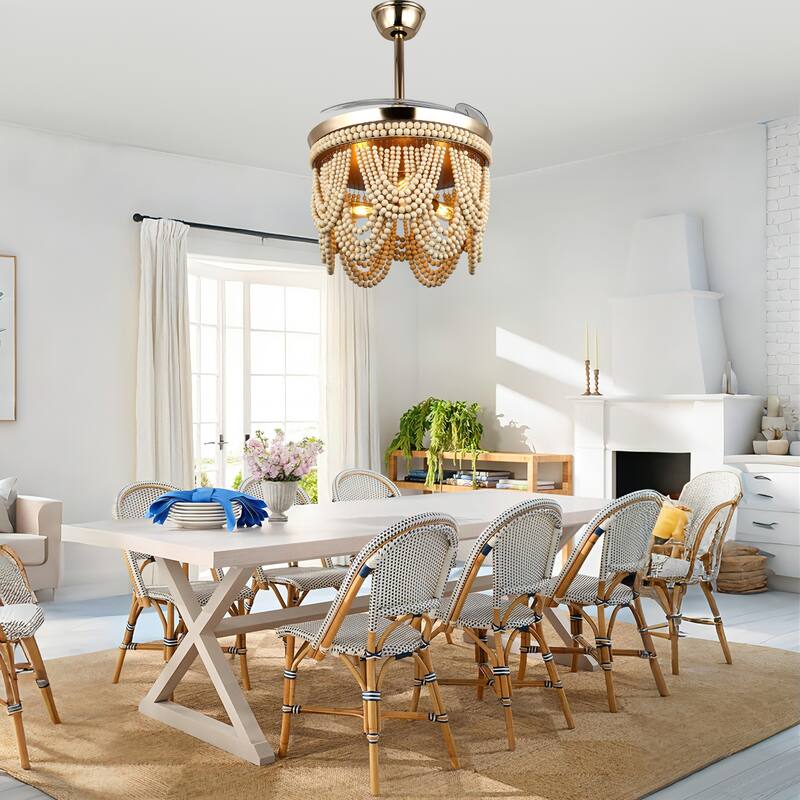 Cusp Barn 42" Retractable Ceiling Fan with Light, Farmhouse Wooden Bead Chandelier, Quiet DC Motor 6 Speeds Bohemian Ceiling Fan