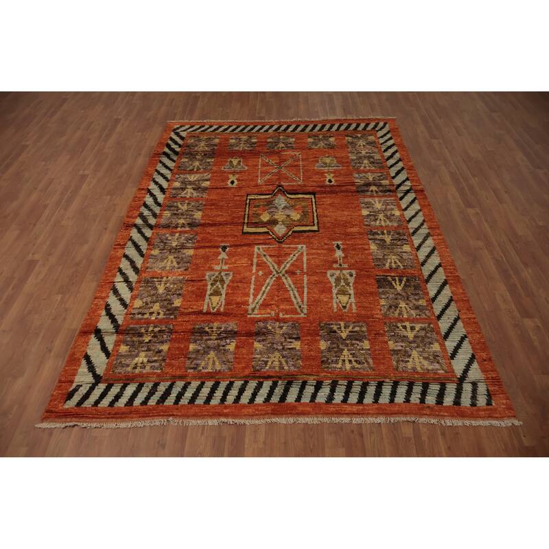 Hand Knotted Oriental 100% Wool Carpet Modern Tribal Oranges & Rust Moroccan Area Rug - 9' 9'' X 6' 10''