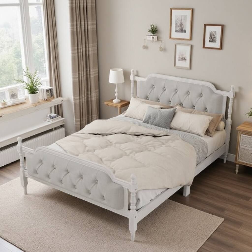 King Size Traditional Solid Wood Platform Bed with Upholstered Tufted Headboard, No Box Spring Needed