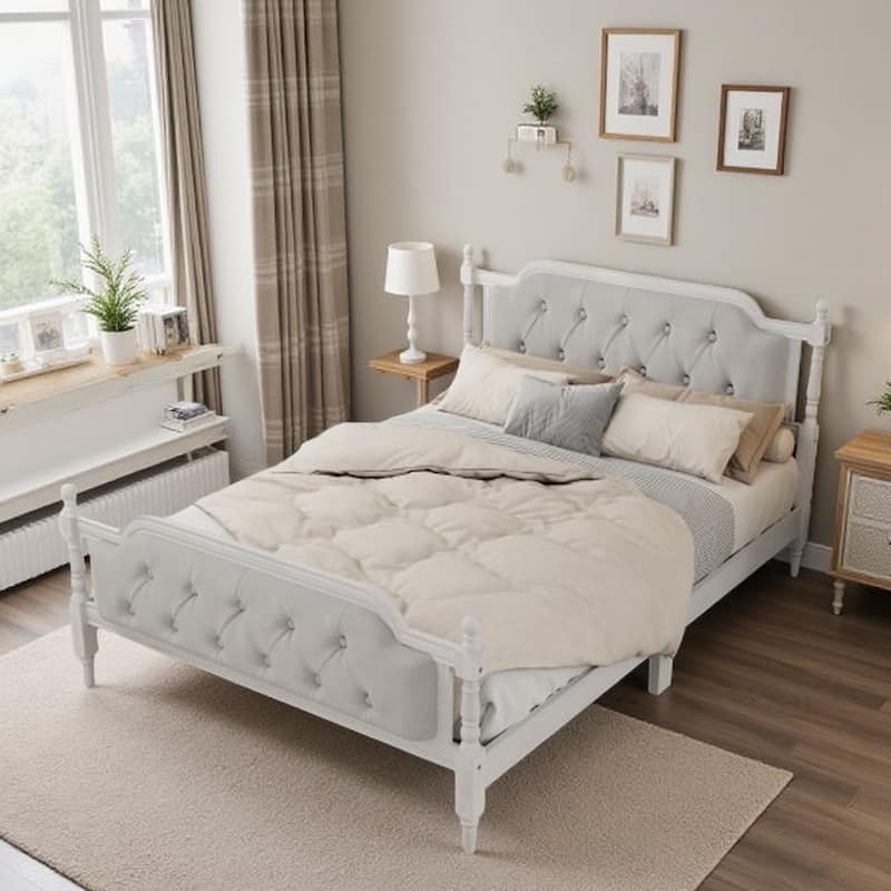 King Size Traditional Solid Wood Platform Bed with Upholstered Tufted Headboard, No Box Spring Needed