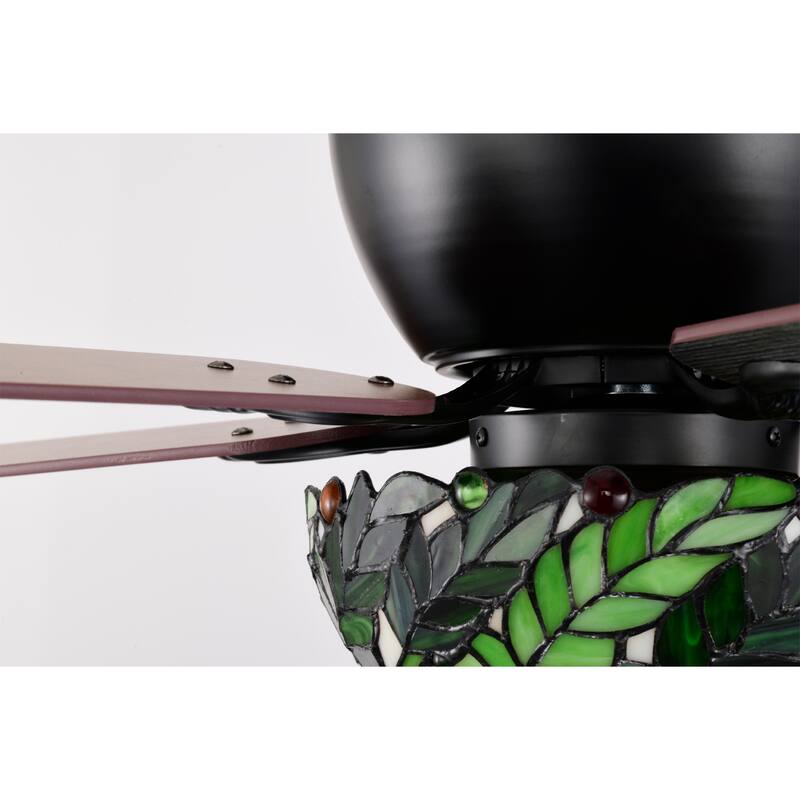 Kyemon 52-Inch Flushmount Lighted Ceiling Fan White Green Fronds Tiffany Glass Lamp Black Finish