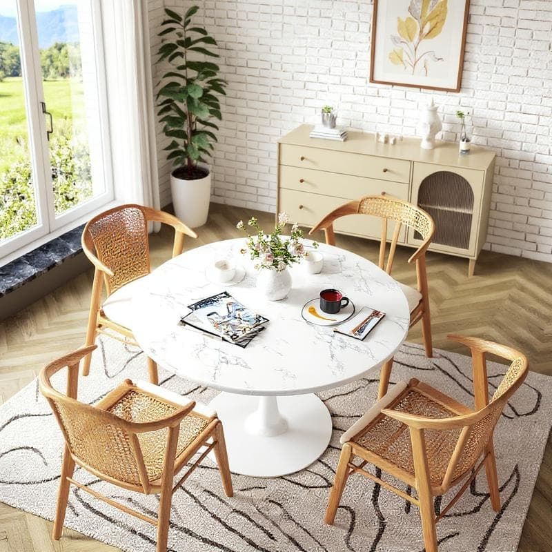Grondin Mid-Century Modern Round Kitchen or Dining Table with Premium MDF Top and Steel Pedestal Base for Dining Room
