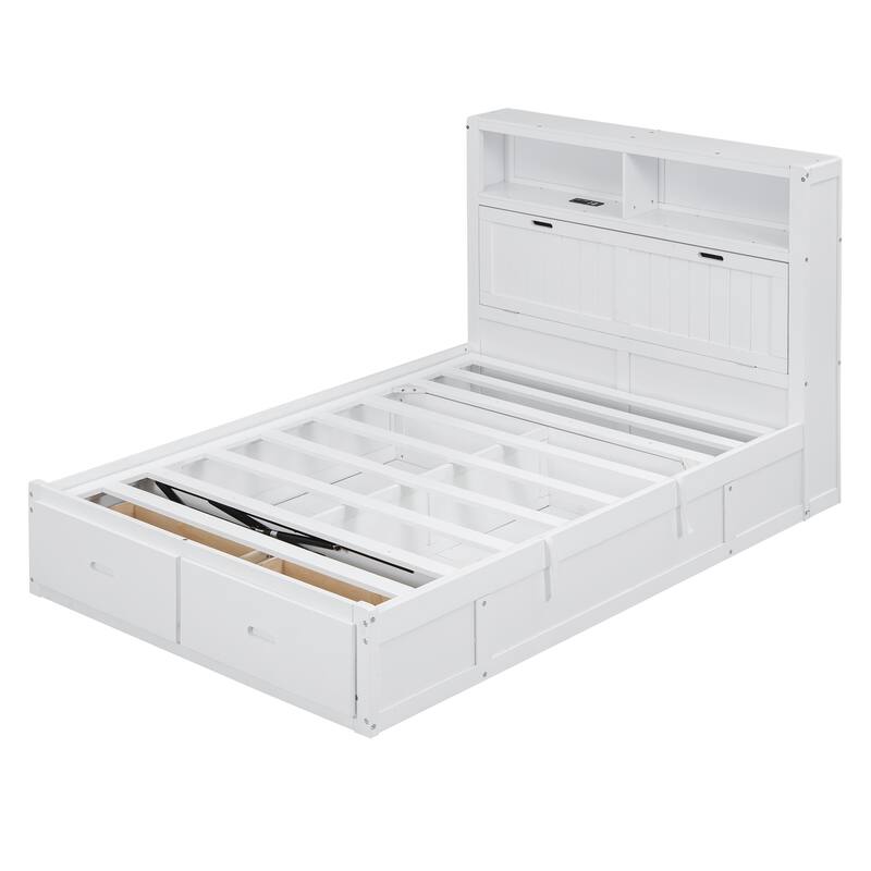 White Full Size Wooden Bed with LED Storage Headboard, Charging Station, and 2 Drawers