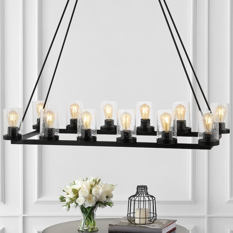 Jonah 45.5" 12-Light Seeded Glass/Iron Rustic Farmhouse Linear LED Chandelier, Oil Rubbed Bronze by JONATHAN Y - 12 Lights - 12 Lights - Oil Rubbed Bronze