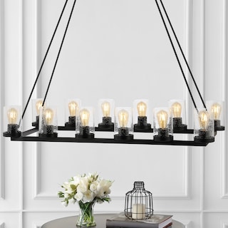 Jonah 45.5" 12-Light Seeded Glass/Iron Rustic Farmhouse Linear LED Chandelier, Oil Rubbed Bronze by JONATHAN  Y - 12 Lights