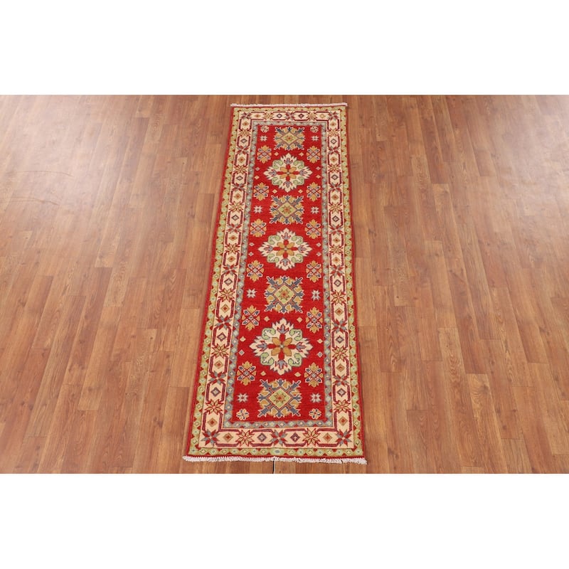 Geometric Red Kazak Oriental Runner Rug Hand-Knotted Wool Carpet - 2'2" x 6'3"