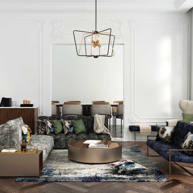 Modern 6-Light Geometric Black and Gold Chandelier Adjustable Height Light Fixture for Large Spaces - 31.4" × 17.3"