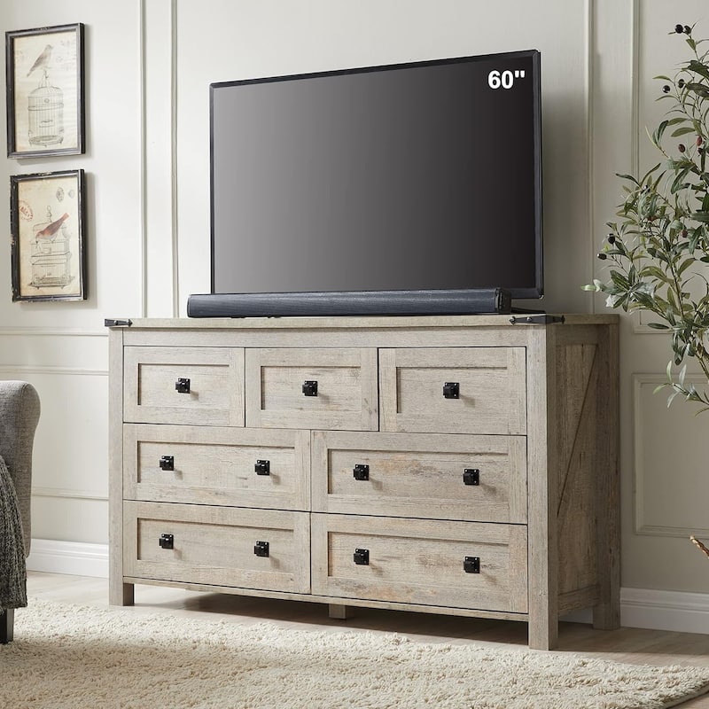 Farmhouse 7 Drawers TV Stand, Chest of Drawers, Dressers Organizer - Light Rustic Oak