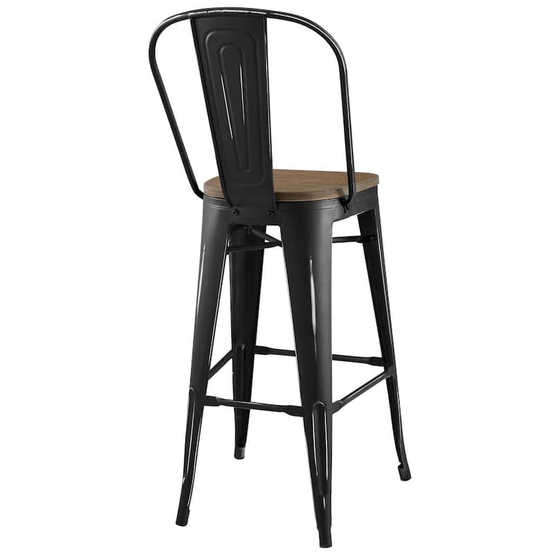 Industrial Modern Steel Bistro Bar Stool With Bamboo Seat in Black