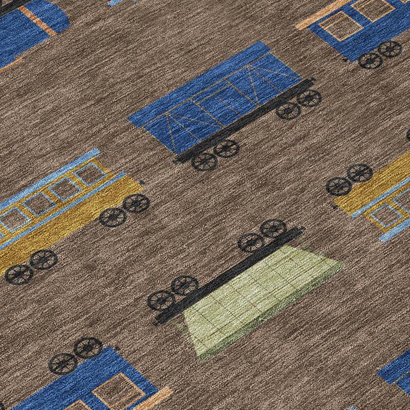 Machine Washable Indoor/ Outdoor Modern Train Chantille Rug