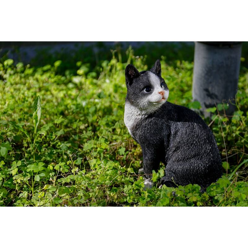 Cat Looking Back Outdoor Garden Statue - 10.25" - Black and White