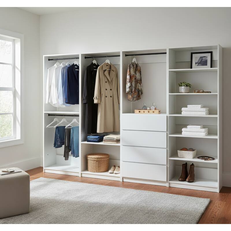 Prosper White Freestanding Walk in Wood Closet System - 125.6"W x 15.7"D x 83" H