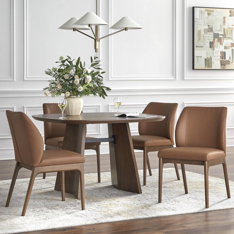 Lifestorey Lisbon Leather Dining Set - Walnut/Medium Brown