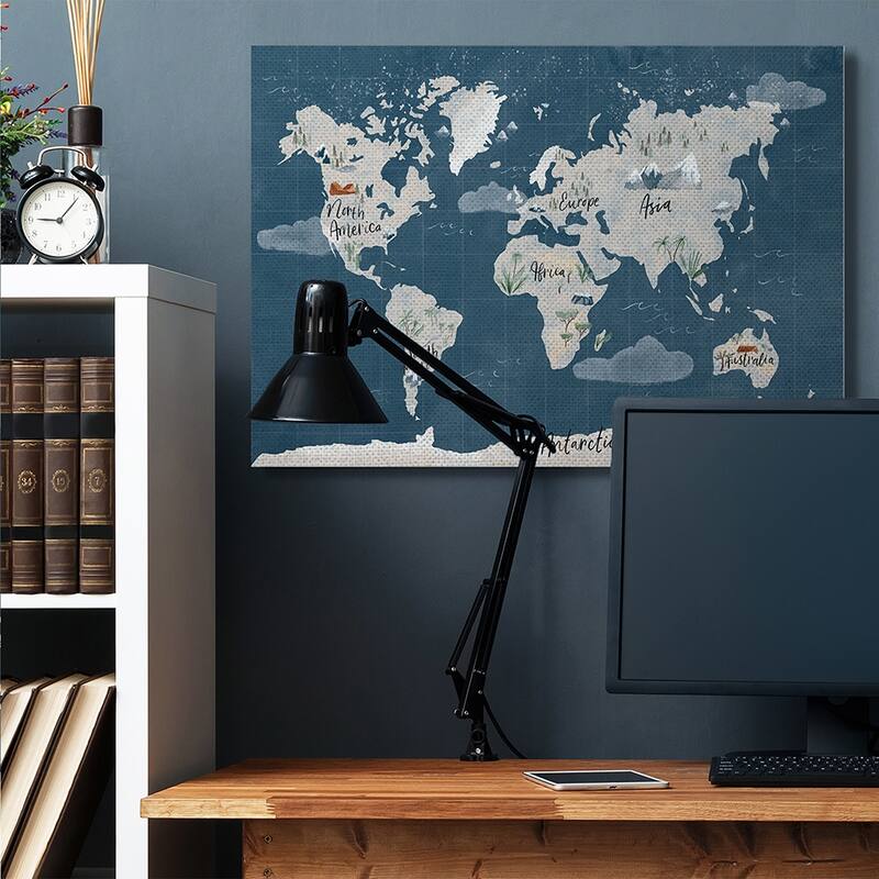 Stupell Vintage Blue World Map Nautical Cloud Details Canvas Wall Art Design By Becky Thorns