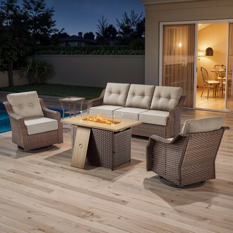 Artisan Brown Wicker Patio Fire Pit Conversation Set with 3-Seat Sofa & Swivel Gliders
