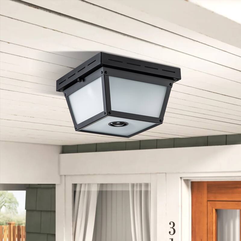 C Cattleya 2-Light Motion Sensor Outdoor Flush Mount Ceiling Light with White Textured Glass