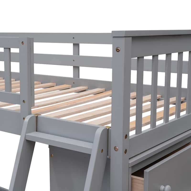 Wooden Twin Over Full Bunk Bed With Six Drawers And Flexible Shelves