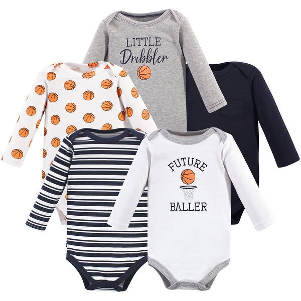 slide 1 of 1, Hudson Baby Infant Boy Cotton Long-Sleeve Bodysuits 5pk, Basketball 0-3 Months - Basketball