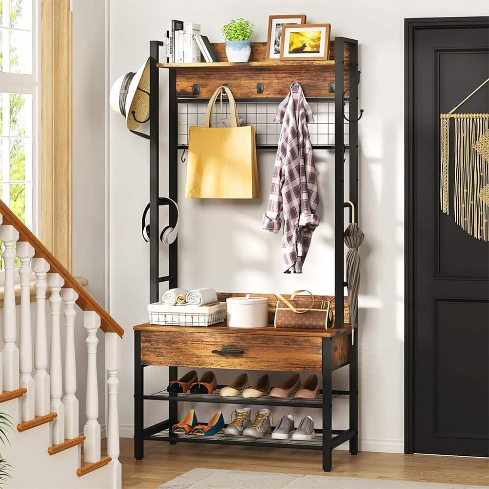 Mieres Rustic Brown Wooden Hall Tree Shoe Storage & Drawer for Entryway Bed Bath & Beyond