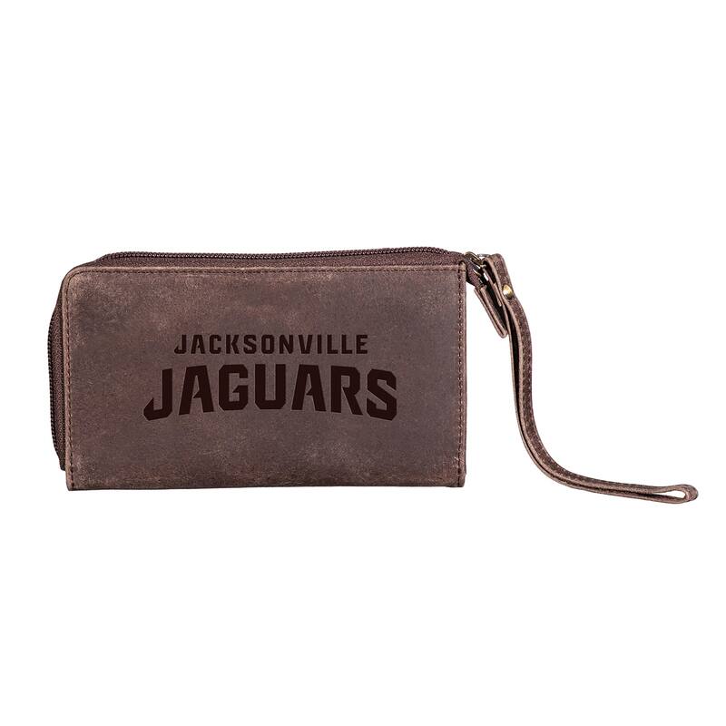 Brown Leather Cell Phone Wristlet Wallet, Jacksonville Jaguars - 4" x 7"