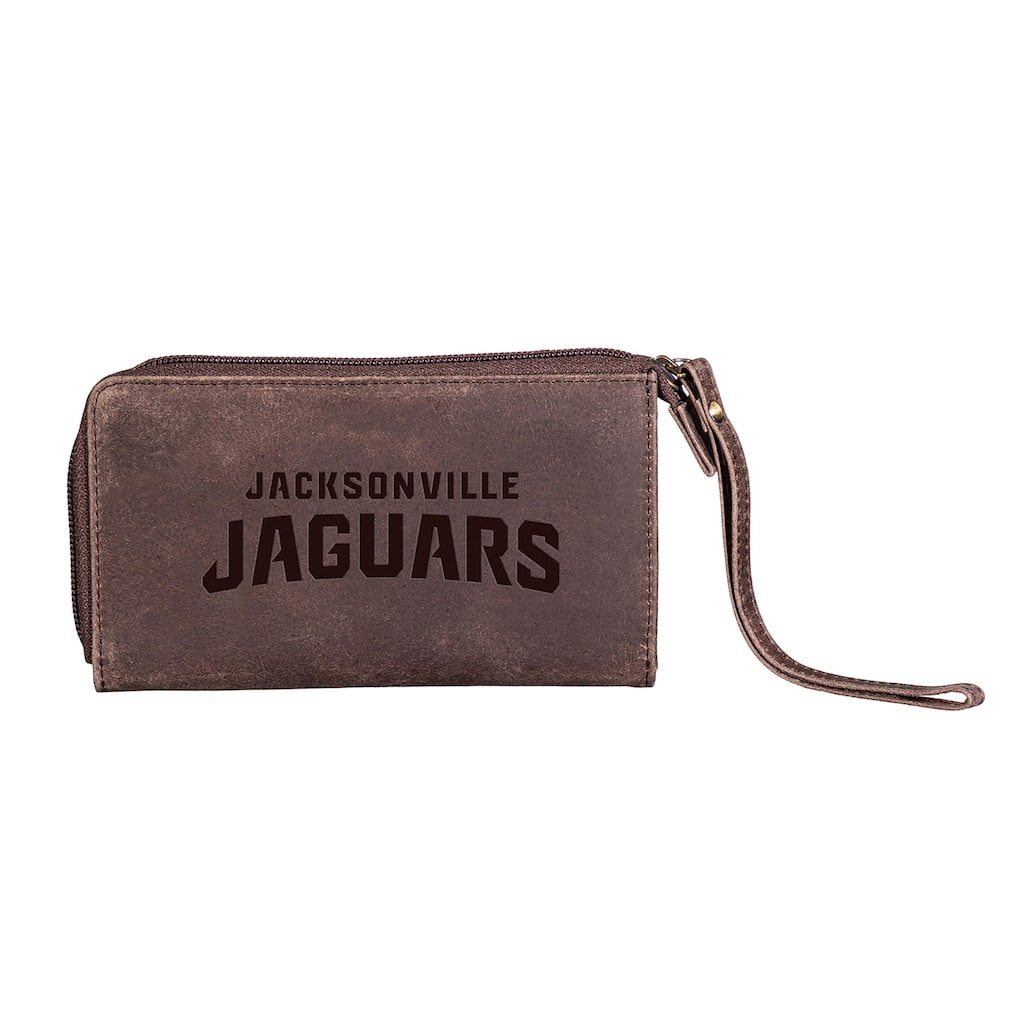 Brown Leather Cell Phone Wristlet Wallet, Jacksonville Jaguars - 4" x 7"