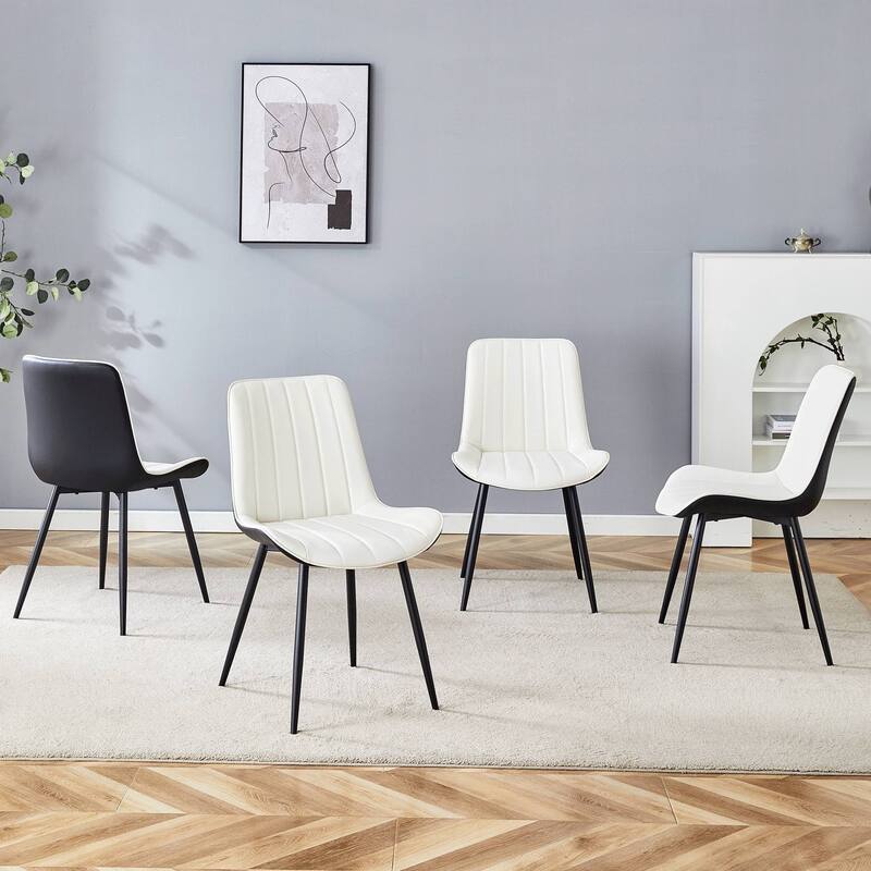 Dining Chair Set of 4 PU Extended Seating with Black Metal Legs - White+Black