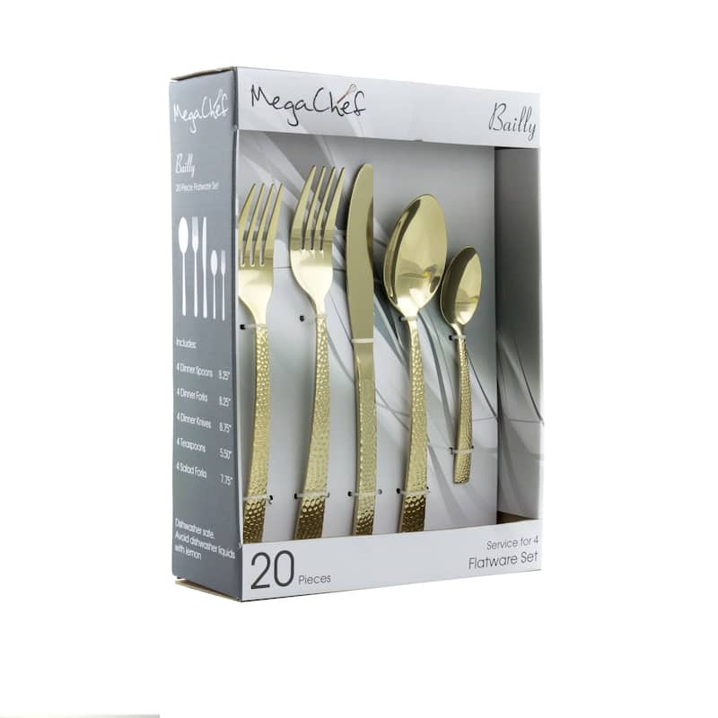 Daisy 20 Piece Hammered Design Stainless Steel Silverware Set in Gold