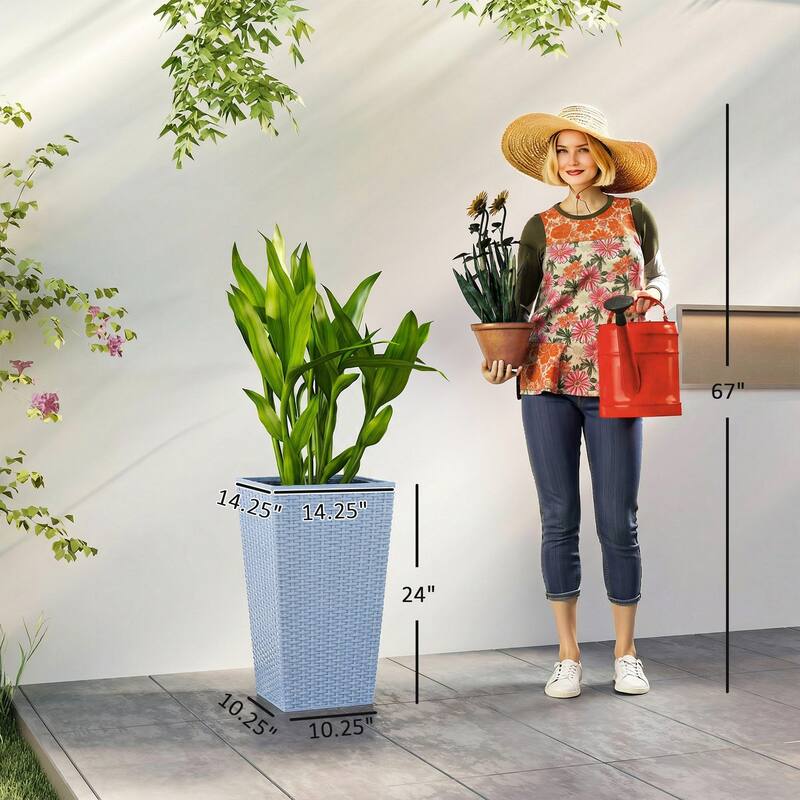 Outsunny Tall Planters for Outdoor Plants Set of 3, 24 In Taper Planters with Drainage Holes, Rattan Decor Plant Pots