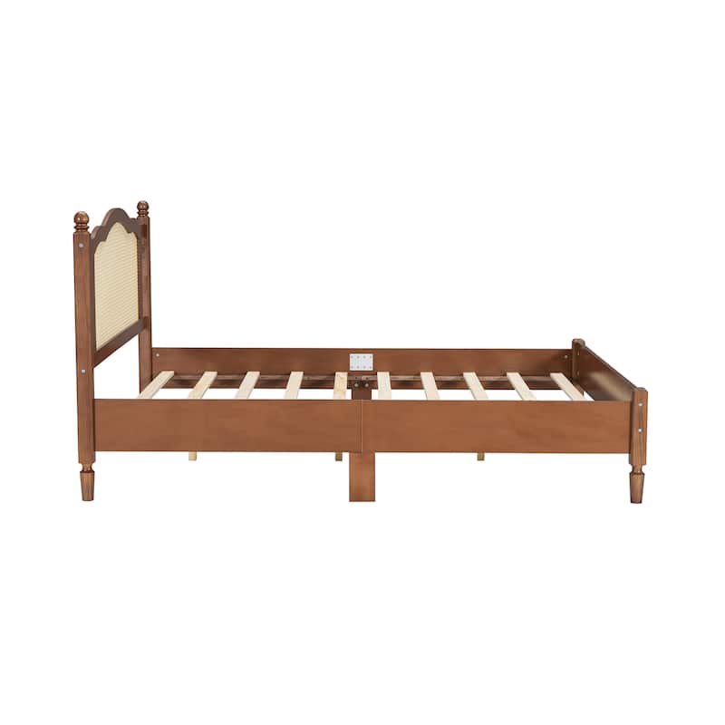 Queen/Full Size Wood Platform Bed with Natural Rattan Headboard, Vintage Bed Frame