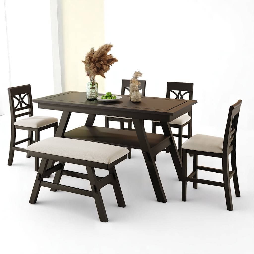 Counter Height Dining Table Set for 6 with Storage Shelf, 4 Chairs and Bench, Farmhouse Style, Wood Frame