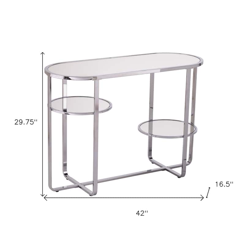 Silver Glass Mirrored Oval Console Table with Shelves and Iron Cross Legs - 42" L x 16.5" W x 29.75" H