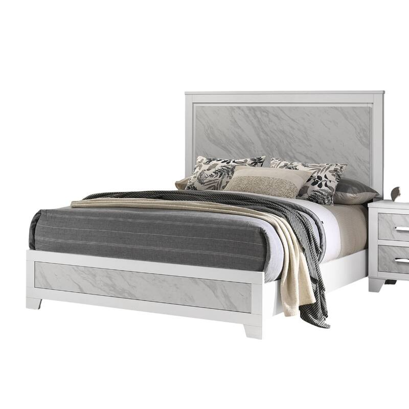 Contemporary White Full Size Bed with Faux Marble Headboard, Rubberwood Furniture