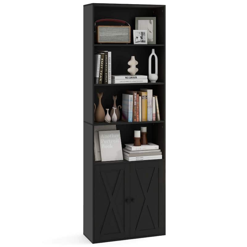Costway 71" Farmhouse Bookcase with Doors with 6 Shelves & 2-Door - See Details - Black