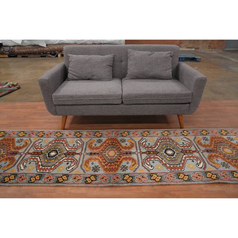 Hand Knotted Oriental 100% Wool Carpet Traditional Geometric Navy Blue & Blues Kazak Runner Rug - 10' 0'' X 2' 7''