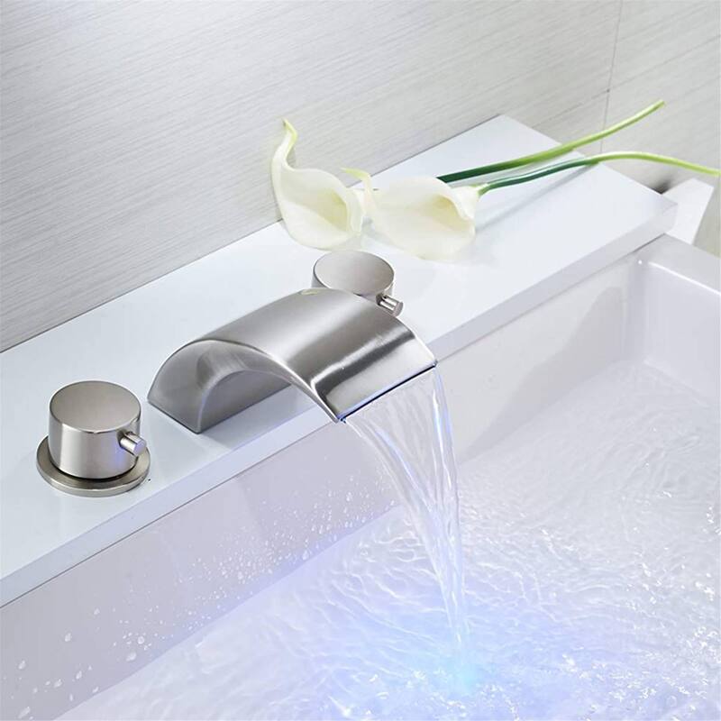 LED Widespread Bathroom Faucet With Drain Assembly 3 Holes Waterfall Bathroom Sink Faucets WIth Light 2 Handle Basin Vanity Tap