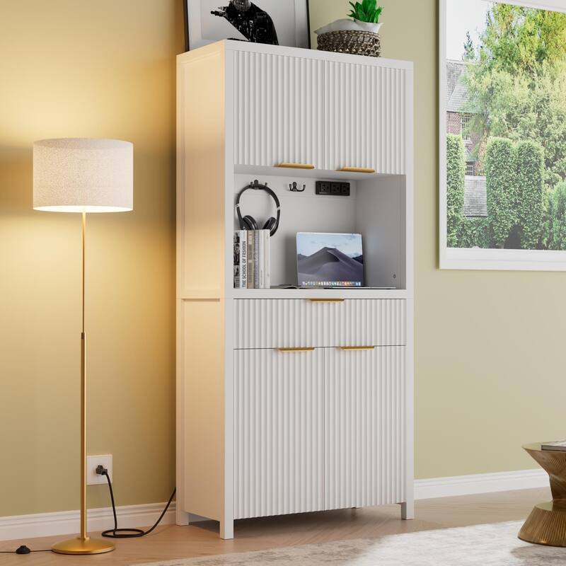 71"Pantry Storage Cabinet with Drawer, Charging Station and Open Countertop for Dining Living Room