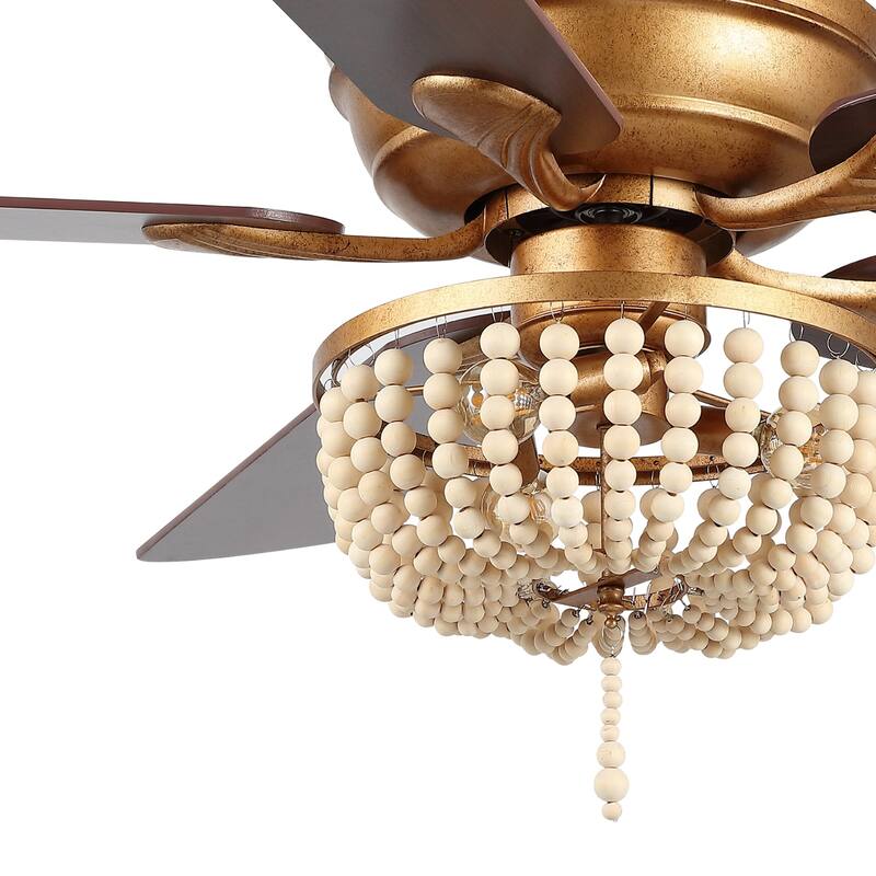 Quinn 52" 3-Light Rustic Farmhouse Iron/Wood Bead Mobile-App/Remote-Controlled LED Ceiling Fan, by JONATHAN Y