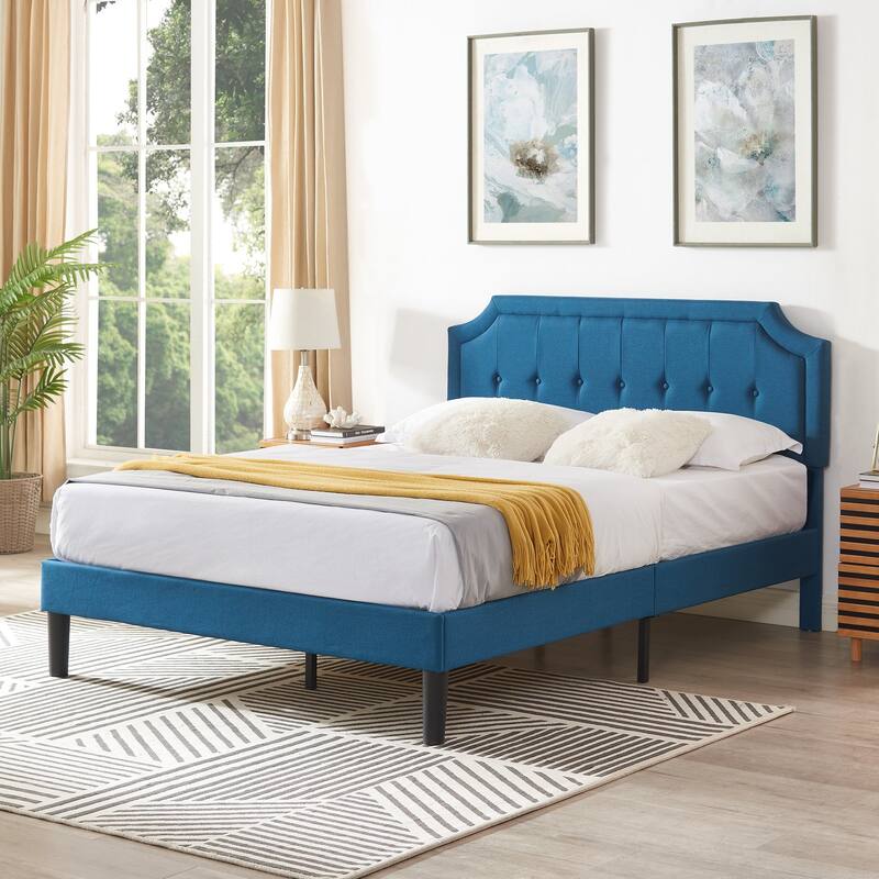 VECELO Upholstered Platform Bed Frame with Adjustable Headboard - Blue - Queen